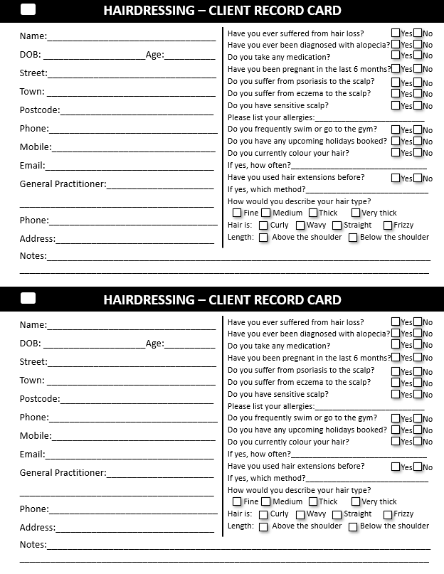 Beauty Salon Client Record Card Template 